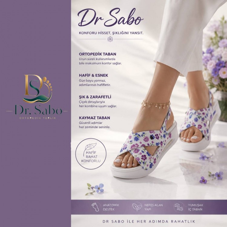 DR SABO Premium beyaz mor çiçek desenli ortopedik kadın sandalet, hava destekli anatomik taban, hafif ve kaymaz yapısıyla konforlu yazlık kadın terliği.