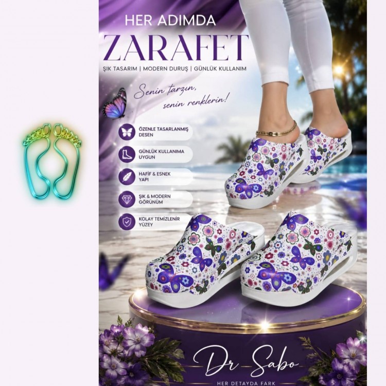 Beyaz kelebek desenli ortopedik yazlık sabo terlik modeli DR SABO hafif anatomik tabanlı günlük kullanım terliği